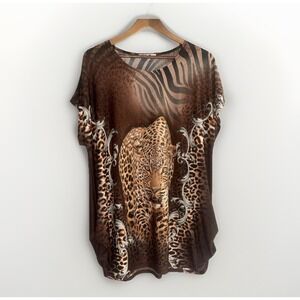Blossom By P Leopard Tunic Top Rhinestone Bling Slinky Knit Animal Ruched L/XL